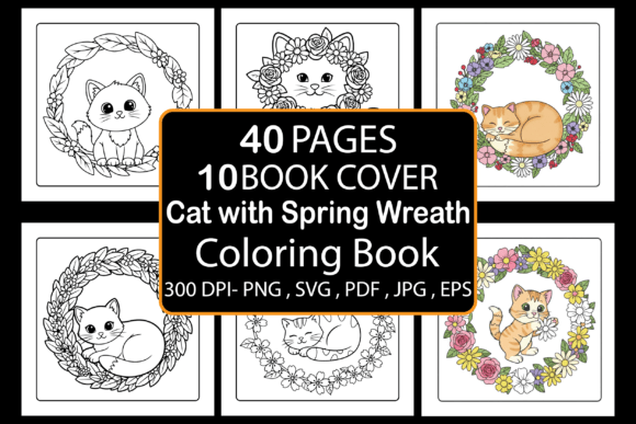 Cat with Spring Wreath Coloring Book